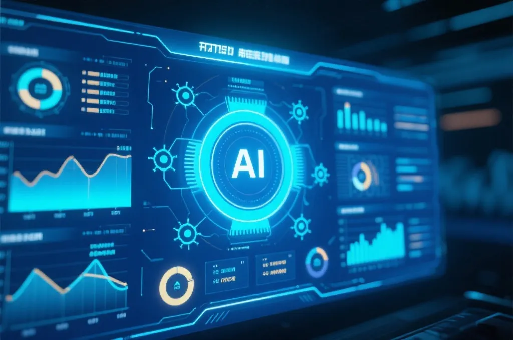 发光的数字仪表盘显示抽象数据图表和AI节点